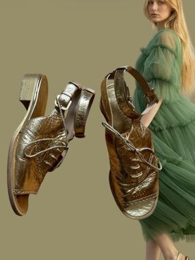 CHANEL Metallic Gold Leather Open-Toe Lace-Up Flats Size 40
